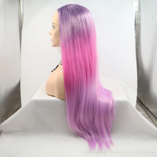 Wholesale high quality long straight cheap heat resistant ombre pink synthetic wig with lace frontal